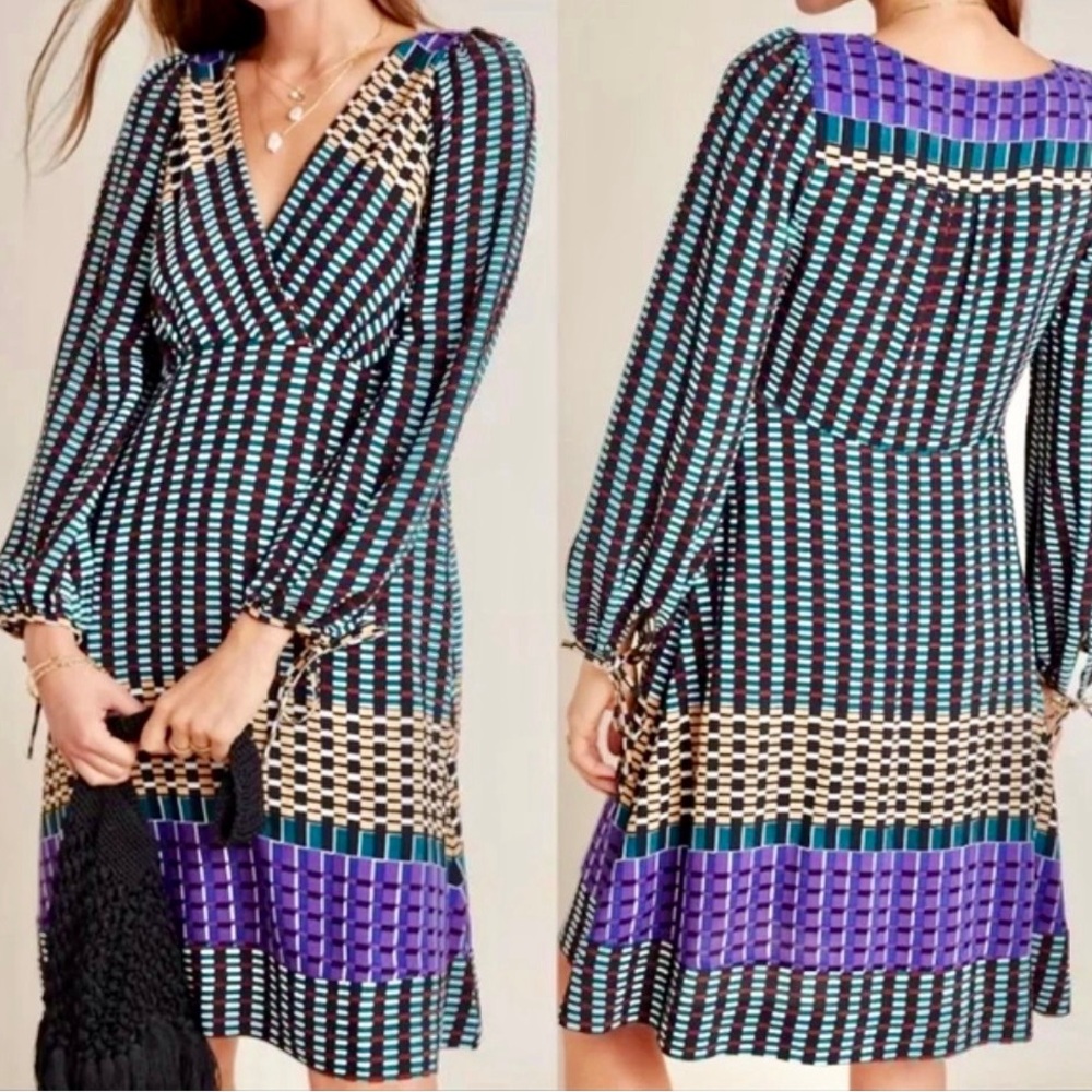 Anthropologie Geometric Blue and Purple Long Sleeve Dress